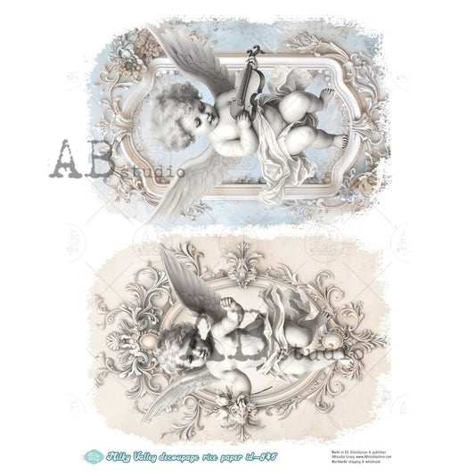 AB Studio, Rice Paper, Milky Valley, Angel, Cherub, Vintage Frame, Shabby Chic, Blue, White, A4 8.27 x 11.69, Mixed Media, Decoupage, ID-845