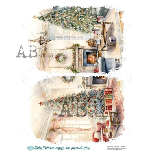 AB Studio, Rice Paper, Milky Valley, Christmas, Trees, Holiday, Mantel Decorations, A4 8.27 x 11.69, Mixed Media, Decoupage, ID-848