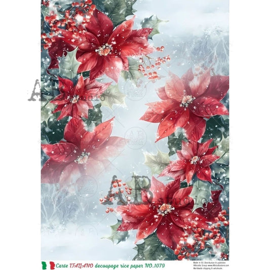 AB Studio Rice Paper, Carte Italiano, Christmas Poinsettia, Florals, Background, A4 8.27 x11.69, Mixed Media, Decoupage, Scrapbooking