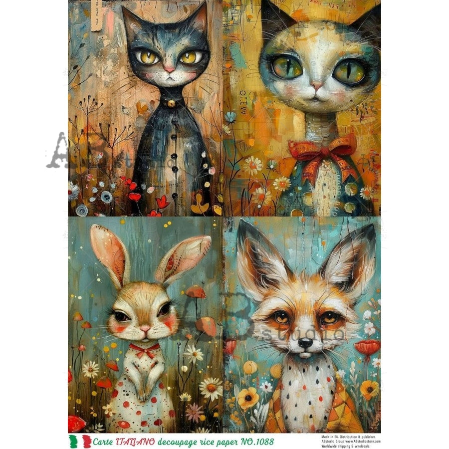 AB Studio Rice Paper, Carte Italiano, Whimsical Cats, Fox, Rabbit, A4 8.27 x11.69, Mixed Media, Decoupage, Scrapbooking