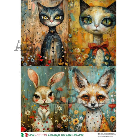 AB Studio Rice Paper, Carte Italiano, Whimsical Cats, Fox, Rabbit, A4 8.27 x11.69, Mixed Media, Decoupage, Scrapbooking