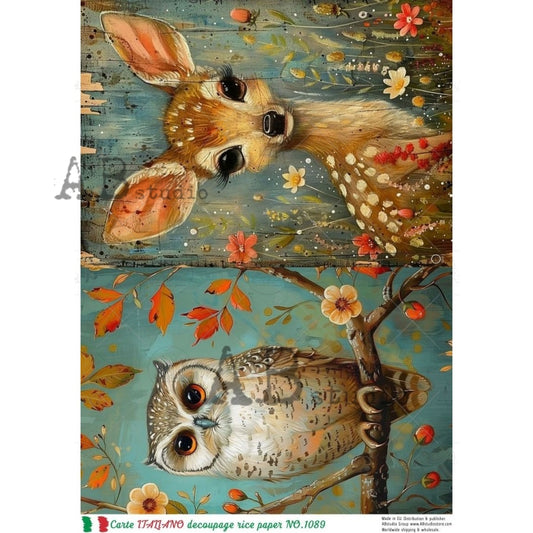 AB Studio Rice Paper, Carte Italiano, Deer and Owl, A4 8.27 x11.69, Mixed Media, Decoupage, Scrapbooking