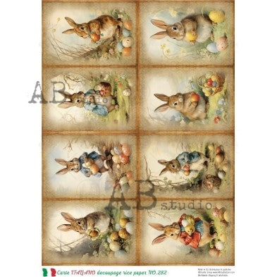 AB Studio, Carte Italiano, Rice Paper, Bunnies, Rabbits,  Easter, Shabby Chic, Squares, Tags, Decoupage, Mixed Media, NO282, A4 8.27 x 11.69