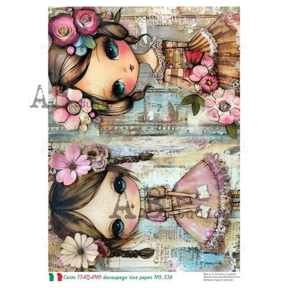 AB Studio, Carte Italiano, Rice Paper, Girl, Characters, Art, Squares, Flowers, Shabby Chic, Decoupage, Mixed Media, NO-338, A4 8.27 x 11.69 AB Studio