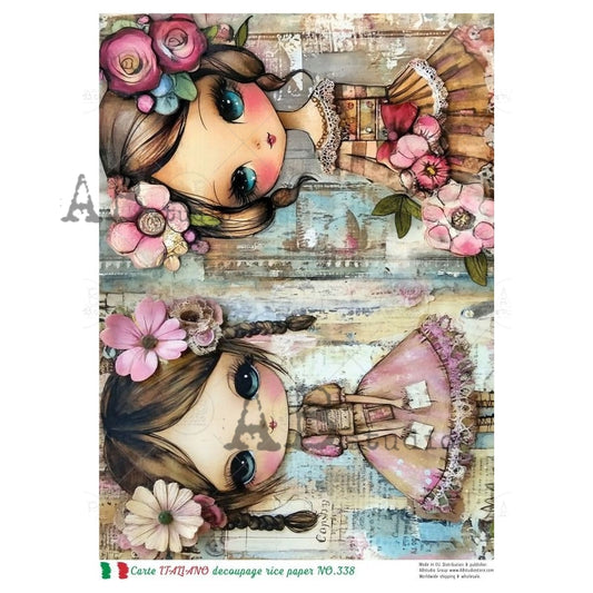 AB Studio, Carte Italiano, Rice Paper, Girl, Characters, Art, Squares, Flowers, Shabby Chic, Decoupage, Mixed Media, NO-338, A4 8.27 x 11.69