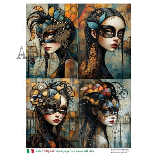AB Studio, Rice Paper, Carte Italiano, Art Nouveau, Women Portraits, Squares, A4 8.27 x 11.69, Mixed Media, Decoupage, NO374