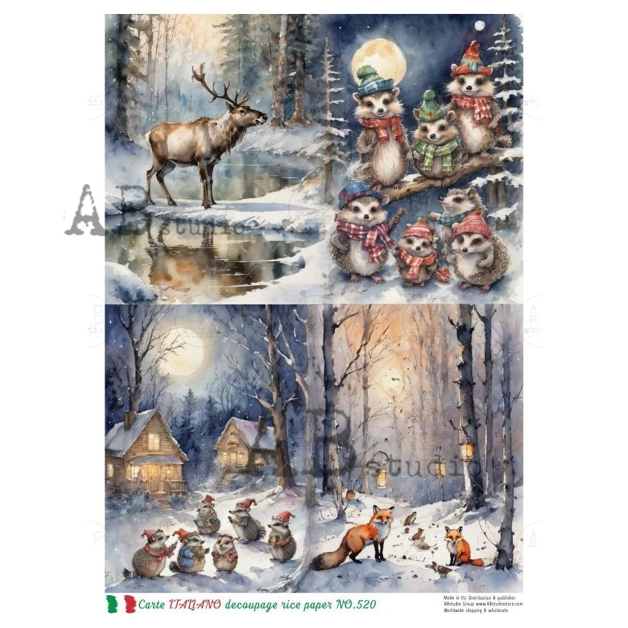 AB Studio, Rice Paper, Carte Italiano, Christmas, Winter, Animals, Forest, Snow Scenes, A4 8.27 x 11.69, Mixed Media, Decoupage, NO520