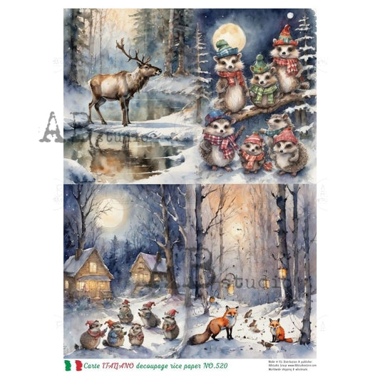 AB Studio, Rice Paper, Carte Italiano, Christmas, Winter, Animals, Forest, Snow Scenes, A4 8.27 x 11.69, Mixed Media, Decoupage, NO520