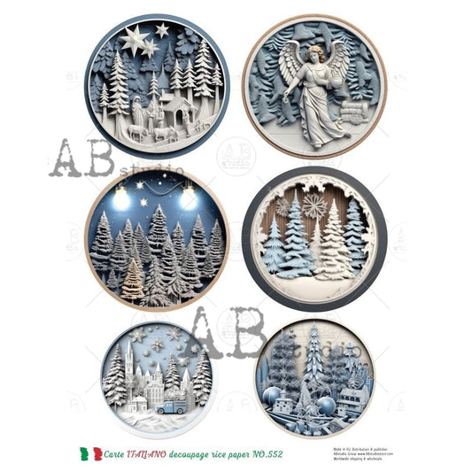 AB Studio, Rice Paper, Carte Italiano, Christmas, Blue, White, Ornament Rounds, Trees, Angel, A4 8.27 x 11.69, Mixed Media, Decoupage, NO552