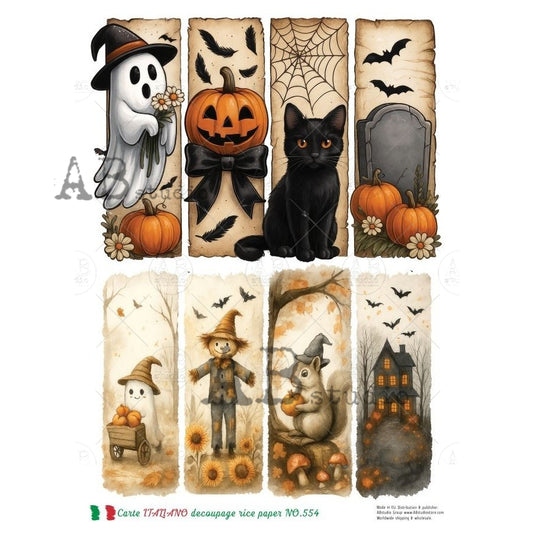 AB Studio, Rice Paper, Carte Italiano, Halloween, Pumpkin, Black Cats, Ghosts, Tags, A4 8.27 x 11.69, Mixed Media, Decoupage, NO554
