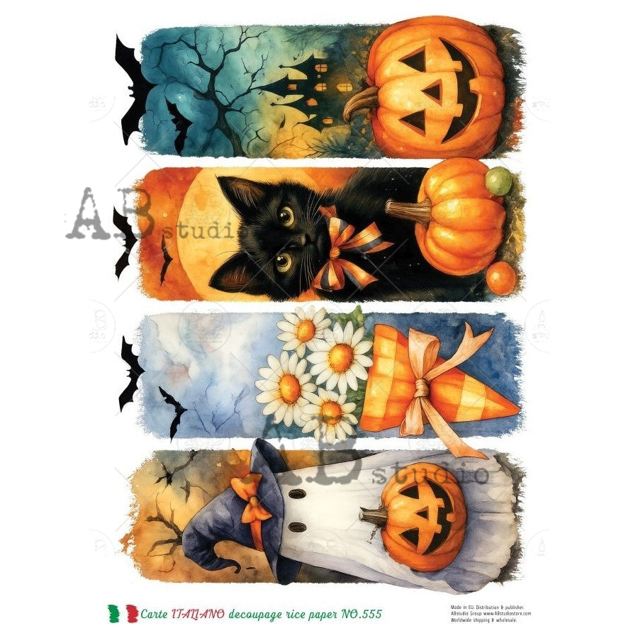 AB Studio, Rice Paper, Carte Italiano, Halloween, Pumpkin, Black Cats, Ghosts, Tags, A4 8.27 x 11.69, Mixed Media, Decoupage, NO555