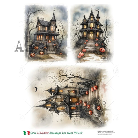 AB Studio, Rice Paper, Carte Italiano, Halloween, Haunted Houses, Pumpkins, Squares, Cards, A4 8.27 x 11.69, Mixed Media, Decoupage, NO578