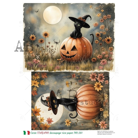 AB Studio, Rice Paper, Carte Italiano, Halloween, Pumpkin, Black Cats, Fall Leaves, Cards, A4 8.27 x 11.69, Mixed Media, Decoupage, NO581