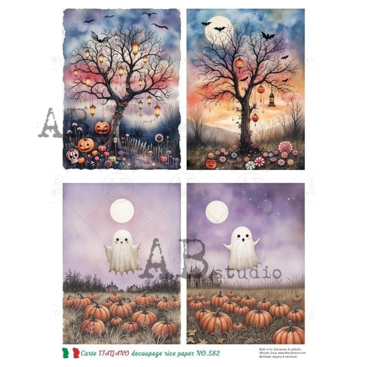 AB Studio, Rice Paper, Carte Italiano, Halloween, Ghosts, Pumpkins, Squares, Cards, A4 8.27 x 11.69, Mixed Media, Decoupage, NO582