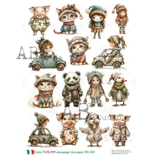 AB Studio, Rice Paper, Carte Italiano, Christmas, Whimsical Dressed Animals, Kids, Squares, A4 8.27 x 11.69, Mixed Media, Decoupage, NO588