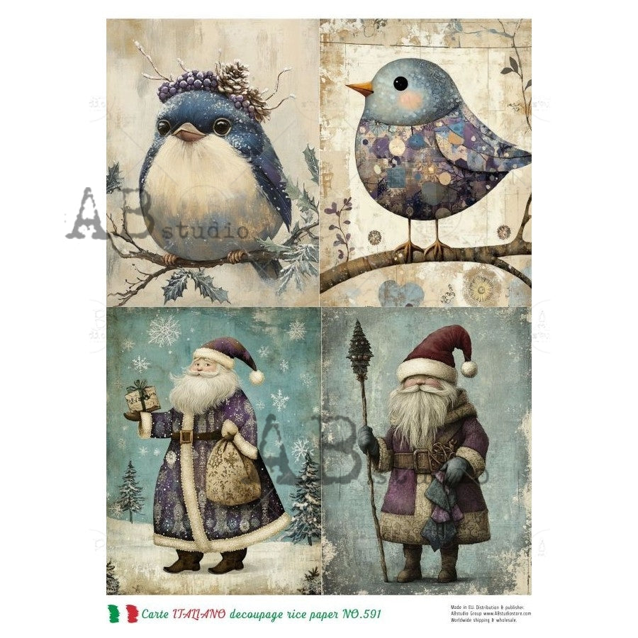 AB Studio, Rice Paper, Carte Italiano, Christmas, Santa, Cards, Birds, A4 8.27 x11.69, Mixed Media, Decoupage, NO-591
