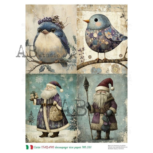 AB Studio, Rice Paper, Carte Italiano, Christmas, Santa, Cards, Birds, A4 8.27 x11.69, Mixed Media, Decoupage, NO-591
