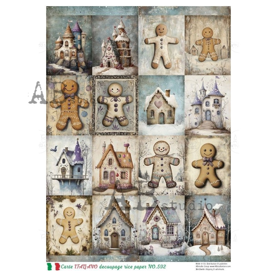 AB Studio, Rice Paper, Carte Italiano, Christmas, Gingerbread Men, Houses, Tags, Squares, A4 8.27 x 11.69, Mixed Media, Decoupage, NO592