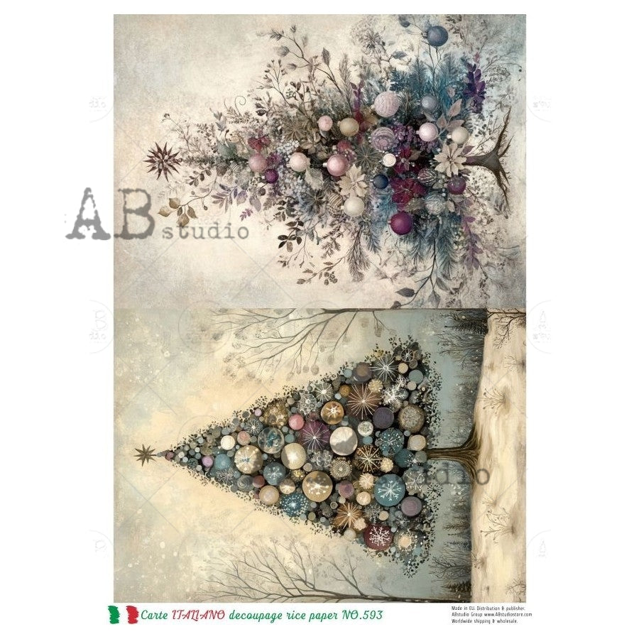 AB Studio, Rice Paper, Carte Italiano, Christmas, Trees, Blue, Cards, A4 8.27 x 11.69, Mixed Media, Decoupage, NO593