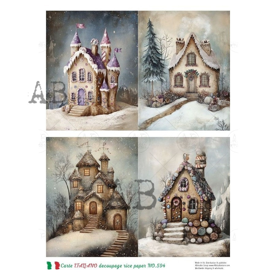 AB Studio, Rice Paper, Carte Italiano, Christmas, Cottages, Whimsical, Snow, Winter, Squares, A4 8.27 x11.69, Mixed Media, Decoupage, NO-594