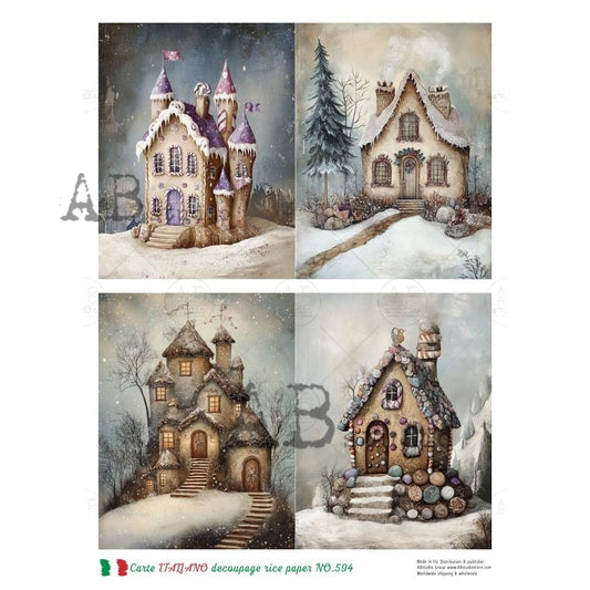 AB Studio, Rice Paper, Carte Italiano, Christmas, Cottages, Whimsical, Snow, Winter, Squares, A4 8.27 x11.69, Mixed Media, Decoupage, NO-594