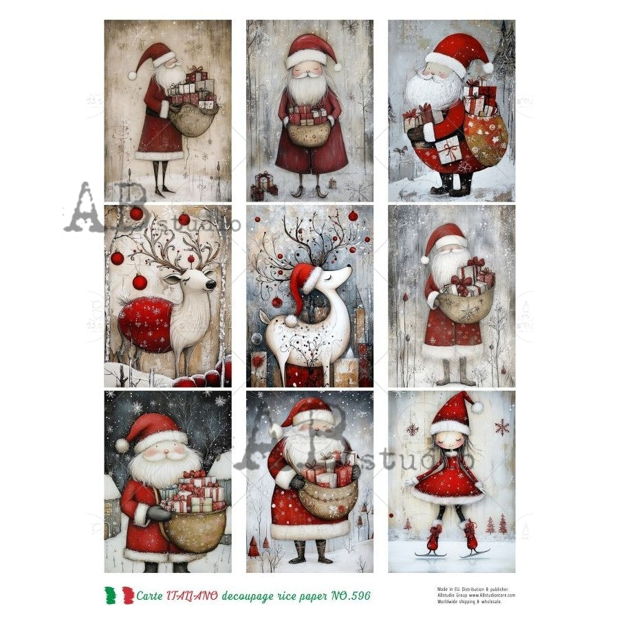 AB Studio, Rice Paper, Carte Italiano, Christmas, Santa, Reindeer, Squares, Tags,  A4 8.27 x11.69, Mixed Media, Decoupage, LP-596