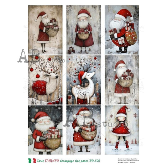 AB Studio, Rice Paper, Carte Italiano, Christmas, Santa, Reindeer, Squares, Tags,  A4 8.27 x11.69, Mixed Media, Decoupage, LP-596