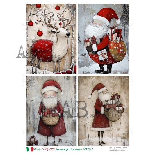 AB Studio, Rice Paper, Carte Italiano, Christmas, Santa, Cards, A4 8.27 x11.69, Mixed Media, Decoupage, NO-597