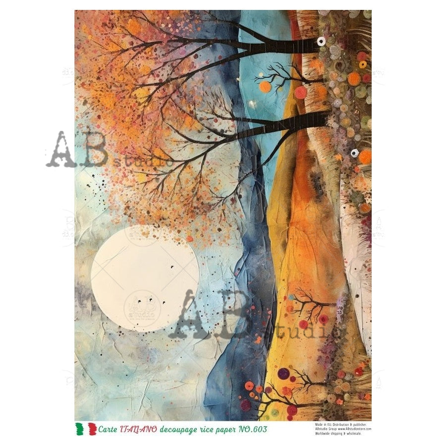 AB Studio, Rice Paper, Carte Italiano, Fall Landscape, Moon, Art, Orange, Blue, A4 8.27 x11.69, Mixed Media, Decoupage, NO-603