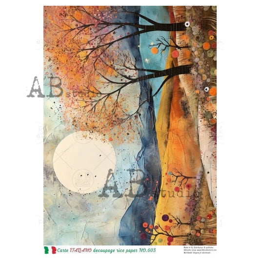 AB Studio, Rice Paper, Carte Italiano, Fall Landscape, Moon, Art, Orange, Blue, A4 8.27 x11.69, Mixed Media, Decoupage, NO-603
