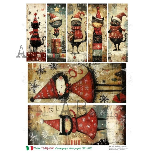 AB Studio, Rice Paper, Carte Italiano, Christmas, Tags, Whimsical Cats, A4 8.27 x11.69, Mixed Media, Decoupage, LP-606