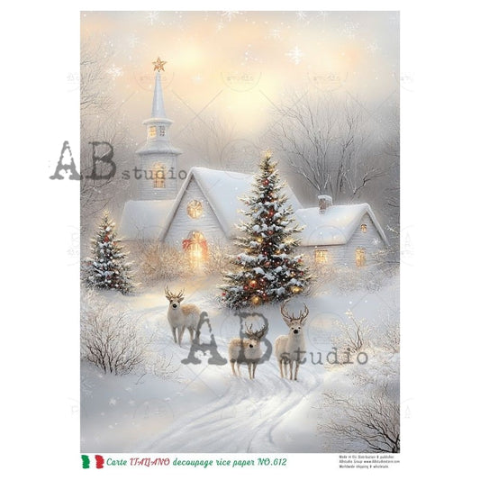 AB Studio, Rice Paper, Carte Italiano, Christmas, Winter, Church, Snow, Reindeer, Trees, A4 8.27 x11.69, Mixed Media, Decoupage, LP-612
