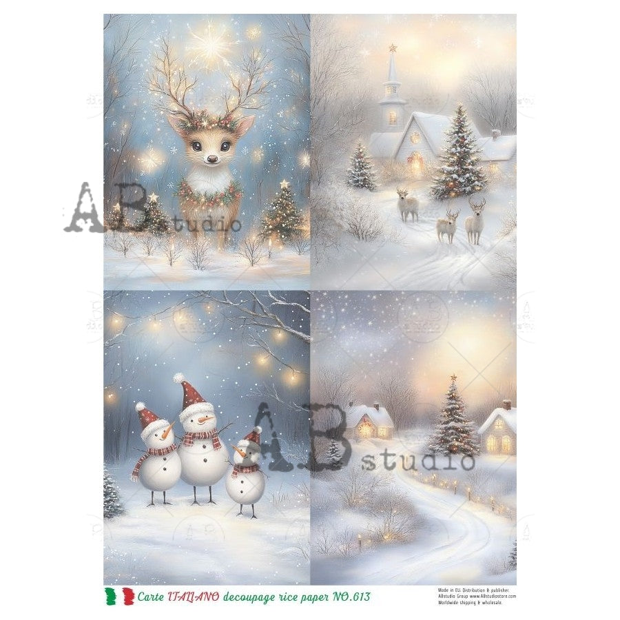 AB Studio, Rice Paper, Carte Italiano, Christmas, Winter, Church, Snow, Reindeer, Squares, A4 8.27 x11.69, Mixed Media, Decoupage, LP-613