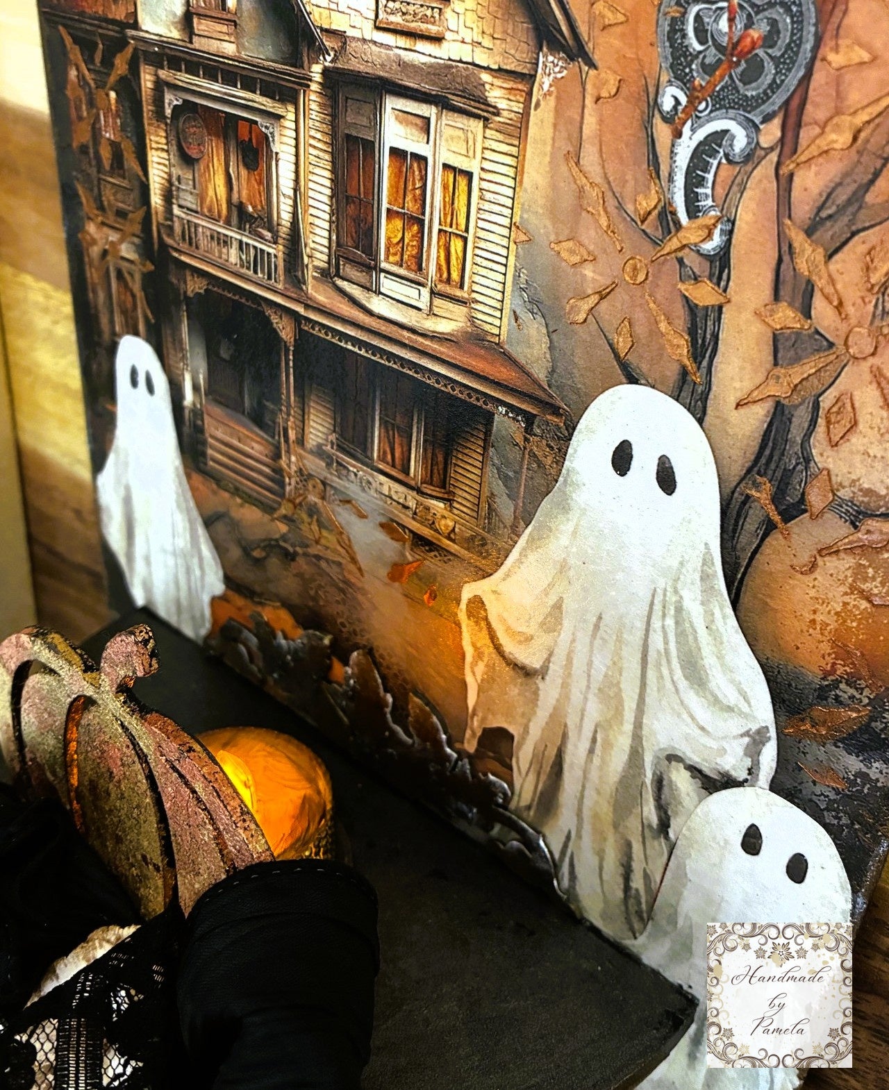 Handcrafted Halloween Wall Decor Candle Sconce Art Plaque, Decoupage, Mixed Media, Haunted House, Ghosts, Handmade by Pamela
