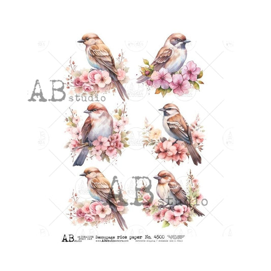 AB Studio, Rice Paper, Pink Flowers, Birds, Floral, Squares, ID-4500, A4, 8.27 X 11.69, Decoupage, Mixed Media, Crafts