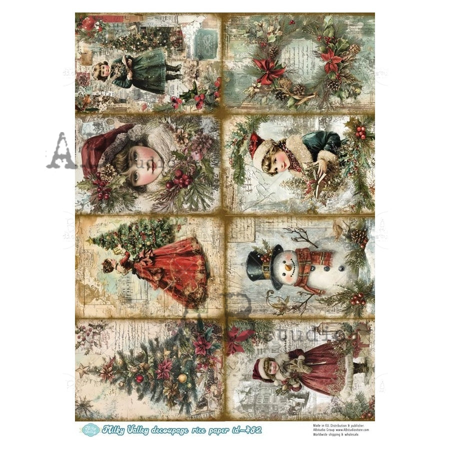 AB Studio, Rice Paper, Tags, Birds, Framed, Wreaths, Squares, Vintage Style, Christmas, Vintage Style, ID-482, A4 8.27 X 11.69, Decoupage