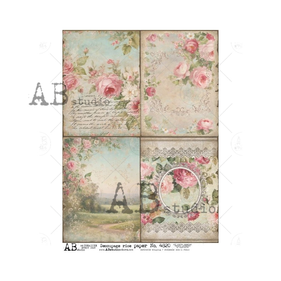 AB Studio, Rice Paper, Pink Roses, Lace, Squares, Background, Wallpaper, Shabby Chic, A4 8.27 x11.69, Mixed Media, Decoupage, ID-4820
