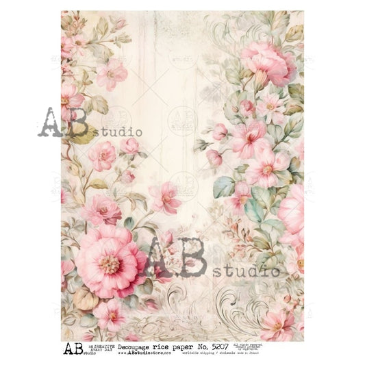 AB Studio, Rice Paper, Roses, Flowers, Vintage Style, Shabby Chic, Wallpaper, Background, A4 8.27 x 11.69, Mixed Media, Decoupage, ID-5207