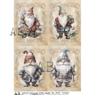 AB Studio, Rice Paper, Christmas, Elves, Gnomes, Squares, Decoupage, Mixed Media, ID-5747, A4, 8.27 X 11.69