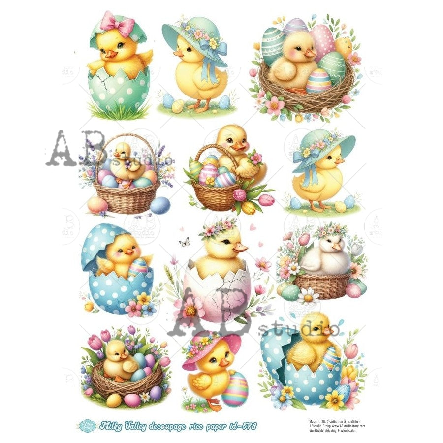 AB Studio, Rice Paper, Milky Valley, Easter, Chicks, Eggs, Spring, Decorations, Ornaments, A4 8.27 x 11.69, Mixed Media, Decoupage, ID-578