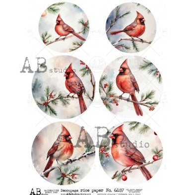 AB Studio, Rice Paper, Decoupage, Christmas, Cardinals, Birds, Ornament, Rounds, 6187, A4 - 8.27 X 11.69 in