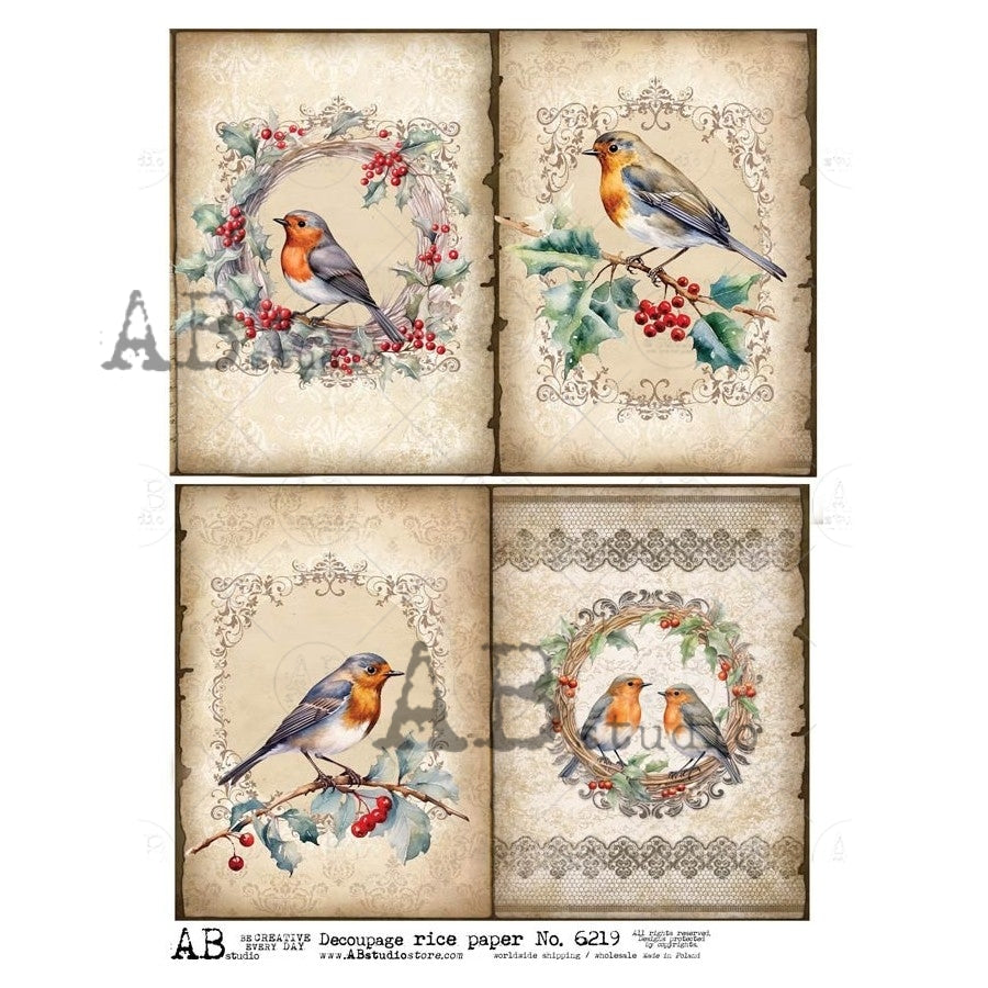 AB Studio, Rice Paper, Birds, Framed, Wreaths, Squares, Vintage Style, Christmas, Vintage Style, ID-6219, A4 8.27 X 11.69, Decoupage