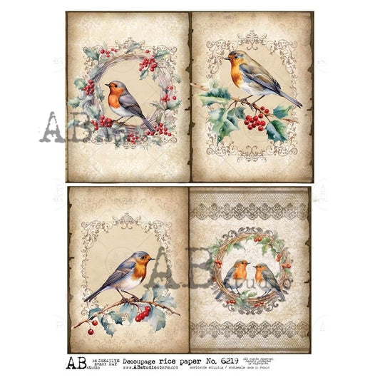 AB Studio, Rice Paper, Birds, Framed, Wreaths, Squares, Vintage Style, Christmas, Vintage Style, ID-6219, A4 8.27 X 11.69, Decoupage