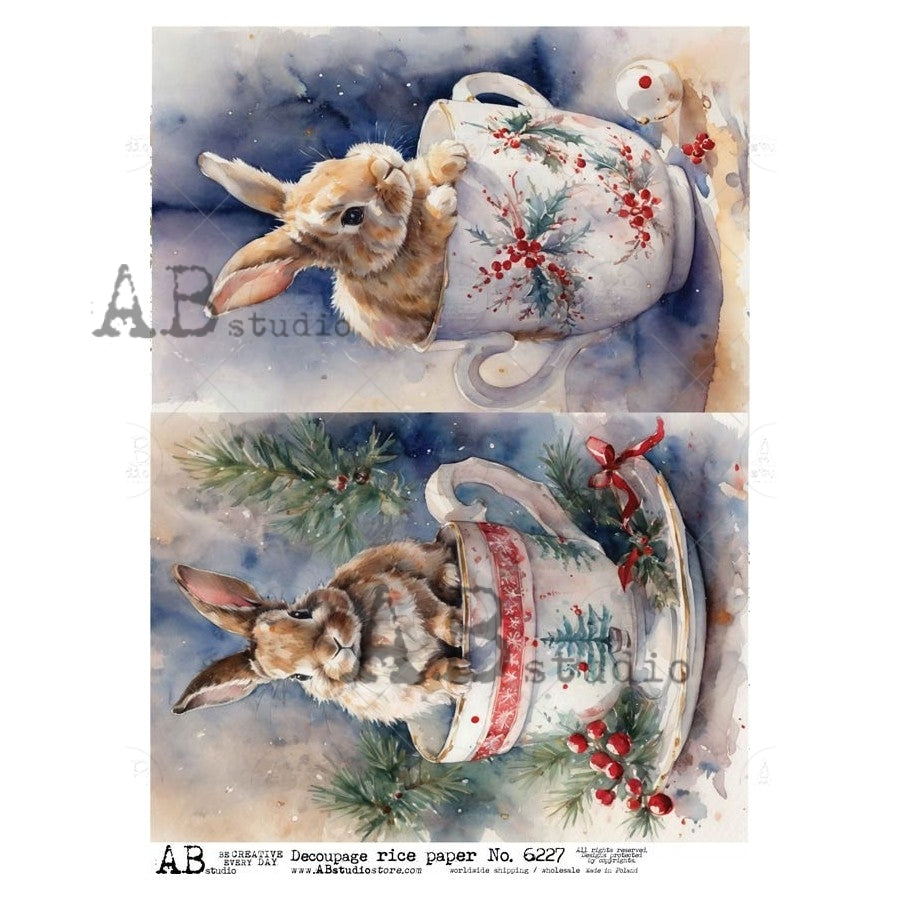 AB Studio, Rice Paper, Christmas, Tea Cups, Bunnies, Rabbits, Squares, ID-6227, A4, 8.27 X 11.69, Decoupage, Mixed Media, Crafts