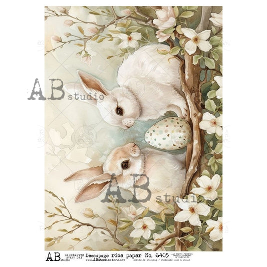 AB Studio, Rice Paper, Spring, Easter, Bunnies, Rabbits, Daisies, Egg, ID-6405, A4 - 8.27 X 11.69, Decoupage, Mixed Media, Crafts
