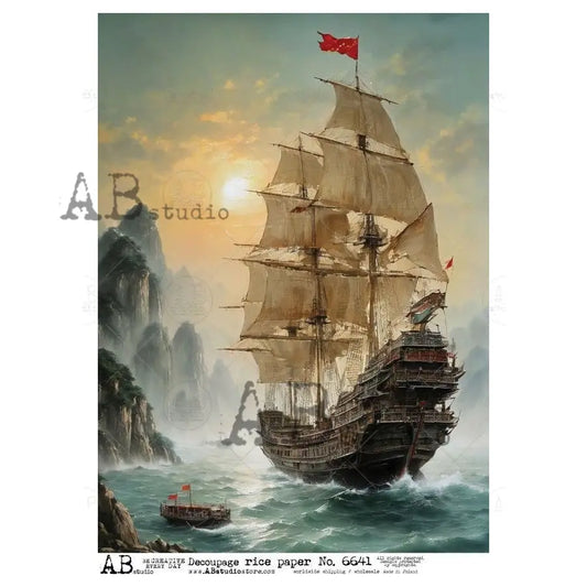 AB Studio, Rice Paper, Ship, High Seas, Pirate, Frigate, Schooner, Ocean, Sailing, 6641, A4, 8.27 X 11.69, Decoupage, Mixed Media AB Studio