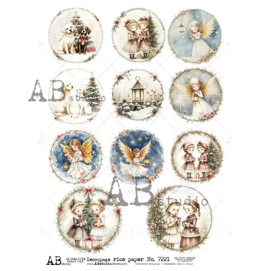 AB Studio, Rice Paper, Christmas, Ornament, Rounds, Angels, Trees, Puppies, 7221, A4, 8.27 X 11.69, Decoupage, Mixed Media, Crafts AB Studio