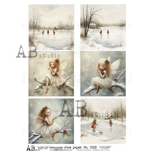 AB Studio, Rice Paper, Winter, Fairy, Snow, Ice Skating, Squares, Fantasy, ID-7223, A4, 8.27 X 11.69, Decoupage, Mixed Media, Crafts