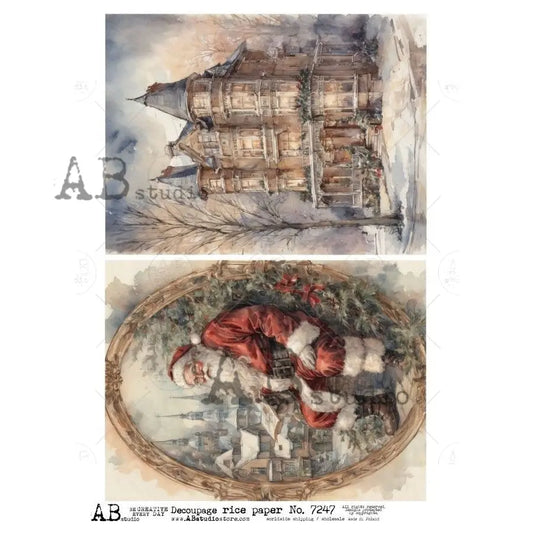 AB Studio, Rice Paper, Christmas, Winter, Framed Santa, Victorian House, Vintage Style,  Squares, 7247 A4 8.2 X 11.6, Decoupage, Mixed Media AB Studio