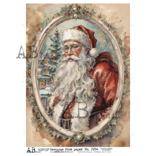 AB Studio, Rice Paper, Christmas, Vintage Style, Framed Santa Portrait, 7254, A4 8.27 X 11.69 Decoupage, Mixed Media AB Studio